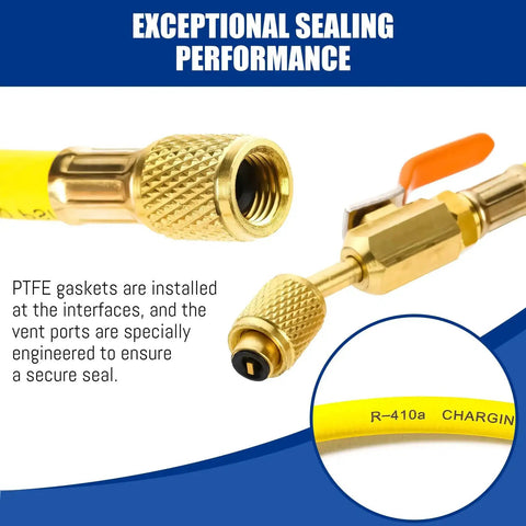 Close-up of Upgrade 29985 Plus II One Quarter Inch HVAC Hose with Ball Valve, showing brass fittings and yellow refrigerant hose.