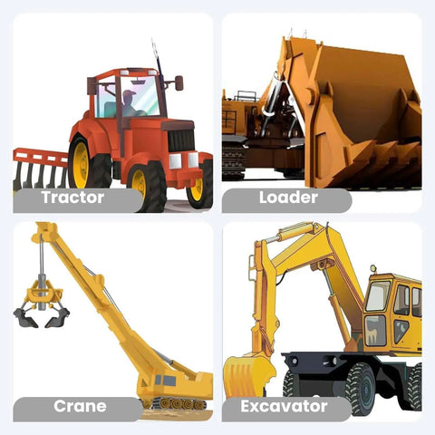 Illustration of heavy equipment: tractor, loader, crane, and excavator with labeled names.