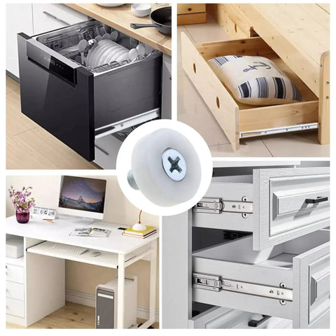 12 Pieces 19mm Drawer Rollers Plastic Pulleys With Nut For Sliding Furniture Bearings Replacement Parts Suitable For Cabinets Sliding Doors Filing Cabinets And Dresser Drawers Durable High Load Bearing Design For Long Lasting Smooth Operation shown in various furniture applications