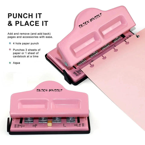 Pink Mushroom Discbound Hole Punch for Four Holes, adjustable for A4 to A3 paper, all-metal with rubber base, punches up to five sheets.