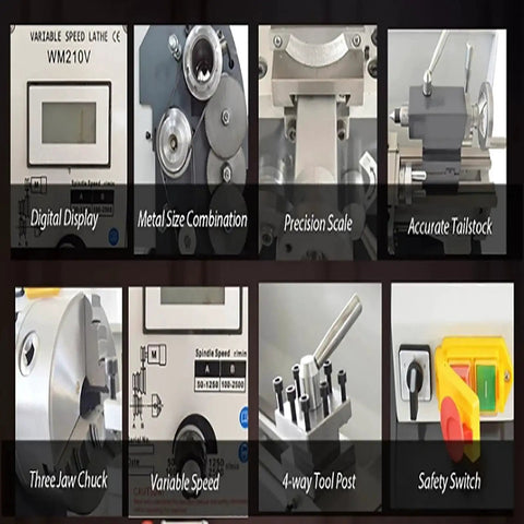 Display of Mini Metal Lathe 550W Brushless Benchtop Lathe 0-1500 RPM High Gear features like 3 jaw chuck and safety switch.