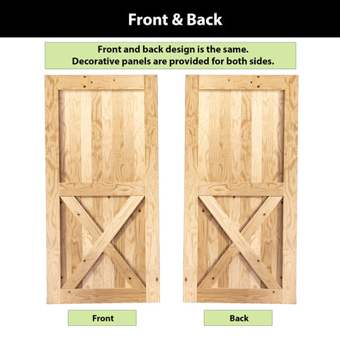 Front and back view of doors for Rustic Black Single Track Bypass Sliding Barn Door Hardware Kit For Double Doors 42 Inch Wide