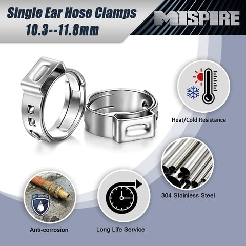 Two MISPIRE 10.3–11.8mm single-ear hose clamps, 304 stainless steel, automotive/home use