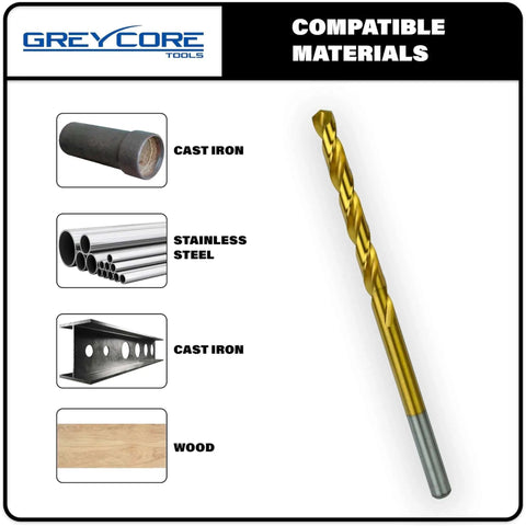 Cobalt Drill Bits Set One Eighth Inch By Six Inch Aircraft Extension Bit Two Pack M35 Cobalt With Titanium Coating For Steel Hard Metal Cast Iron Wood Plastic Heavy Duty Performance With Fast Penetration And Long Lasting Durability. Image shows a single titanium-coated drill bit next to compatible materials: cast iron, stainless steel, and wood.