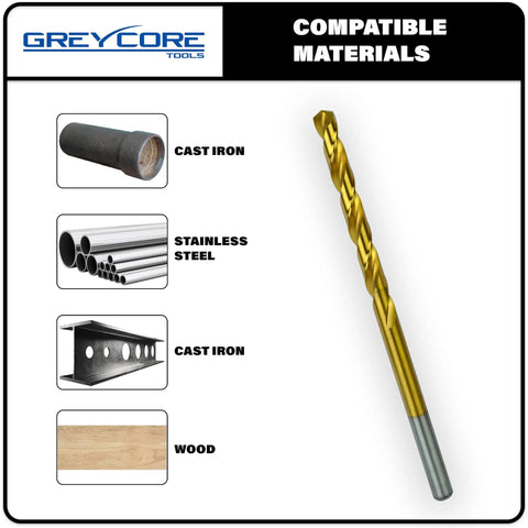 Heavy Duty Cobalt Drill Bits Set 5/32 Inch By 6 Inch M35 Cobalt Drill Bits With Industrial Titanium Coating 2 Pack For Steel Hard Metal Cast Iron Wood And Plastic Delivers Fast Penetration And Long Lasting Durability shown with compatible materials like cast iron and wood