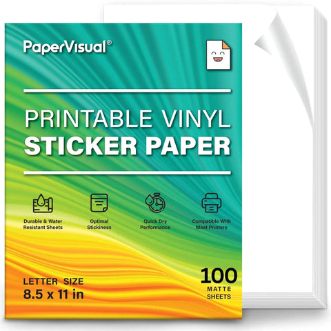 Printable Vinyl Sticker Paper For Inkjet And Laser Printers Waterproof Matte 8.5 By 11 Sheets Fast Dry Strong Adhesion Pack
