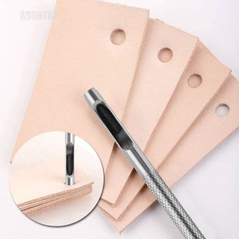 Close-up of a punch creating clean holes in tan leather, part of a 6 Piece Hollow Leather Hole Punch Set For Belts And Watch Bands.