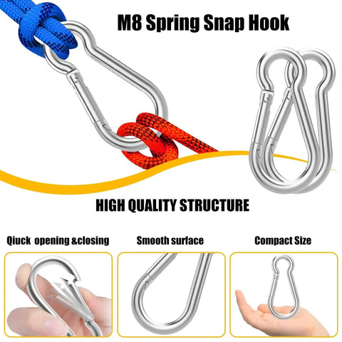 60 Pack 3 Inch Heavy Duty Galvanized Steel Snap Hook Carabiner M8 Quick Link shown with rope, hand use, and close-up view.