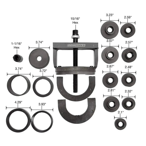 Master Wheel Bearing Removal Tool And Installer Kit with self-centering design and adapter rings, front view with dimensions shown.