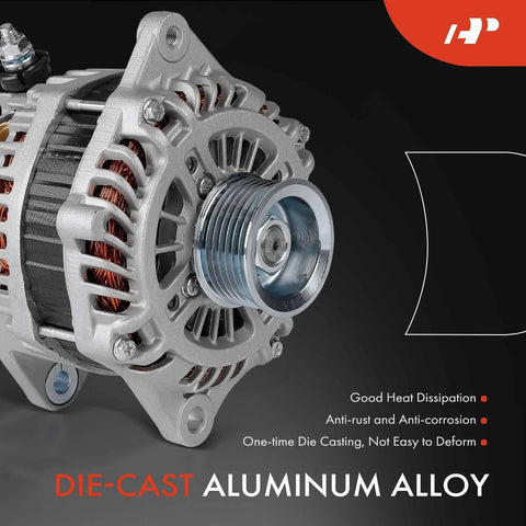 130 Amp 12V Alternator For Nissan Altima 2011 2018 V6 3.5L Maxima 2011 2014 2016 2018 Murano 2017 2018 Power Up Your Ride With 7 Groove Pulley Clockwise Rotation Drop In Replacement To Meet 11557N 2104007 23100JA11B 2310MJA11BRW Specs close-up front view