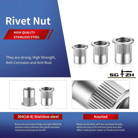 60Pcs M6 Stainless Steel Rivet Nuts Kit Flat Head Rivnut Threaded Inserts Nutsert Rivet Nut With Knurled Body displayed