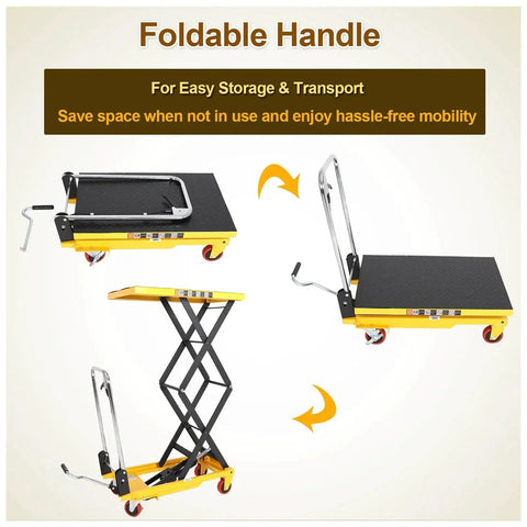 KAFLLA double scissor hydraulic lift table cart with handle, 330-lb, 11-50 in lift, anti-slip platform 4 wheels