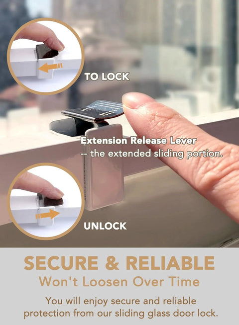 Extendable Sliding Door Security Lock Bar For Child Safety being locked and unlocked on a glass door, showing anti lift lock mechanism.