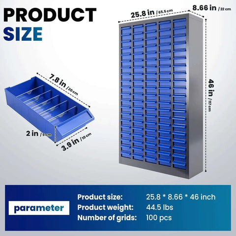Heavy-Duty Alloy Steel Tool Storage Cabinet With 100 Drawers And Dividers, Nut And Bolt Organizer, 25.8In Long By 8.66In Wide By 46In High, Blue, shown with drawer dimensions.
