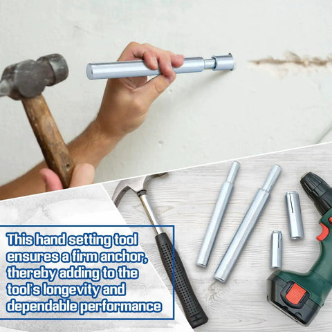 Two Pcs Drop In Anchor Tool Set For Concrete And Stone, showing 1/2in and 3/8in zinc plated steel rods used on wall.