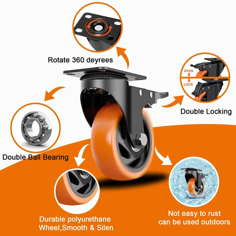 Front view of orange 4-inch heavy-duty polyurethane locking caster wheel with dual brake; set of four.