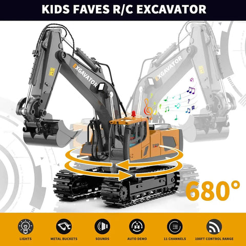 11 Channel RC Excavator Toy With Metal Shovel, Lights And Sounds, 680 Degree Cab Rotation, Realistic Construction Truck