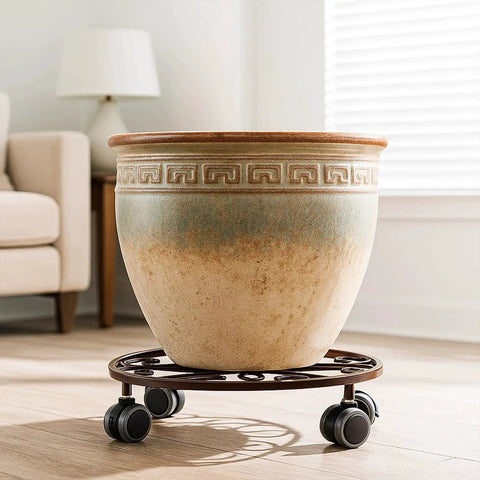 Large ceramic pot on Three Pack Heavy Duty Metal Plant Caddies With Wheels 13.5 Inch Rolling Plant Stand Dollies indoors