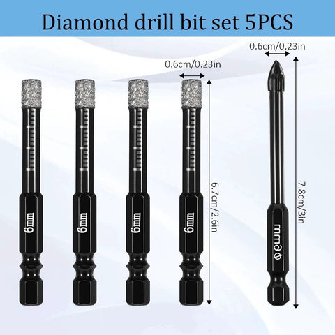 Five Piece Dry Diamond Drill Bit Set For Masonry And Tile With 6mm Core Bits And One Quarter Inch Diameter Vacuum Brazed