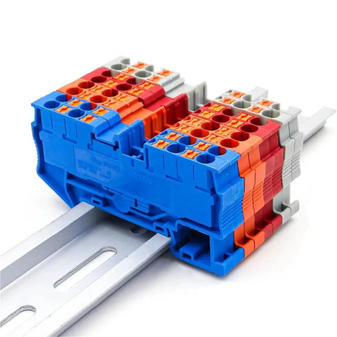 2.5mm2 4 Wire Terminal Block For DIN Rail With Spring Clamp, Orange, Compact Electrical Connection, 50 Pack, Quattro Style installed