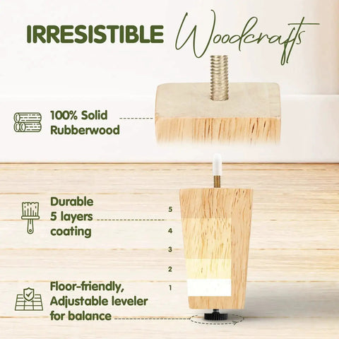 Four Point Five Inch Square Wood Furniture Legs Set Of Four With Adjustable Levelers showcasing solid rubberwood and coating layers.