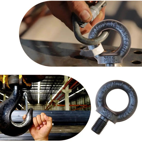 12.9 Heavy Duty Lifting Eyebolt For Trucks And Trailers Beefy 6 Ton Working Load Limit Thirteen Sixteenth Inch Eye Industrial Grade Forged Steel DIN580 M20 Size For Towing And Pulling Point 42CrMo Alloy Steel Forged Hardware shown in use