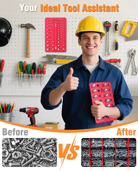 Ultimate Nut And Bolt Thread Checker With 35 Size Gauge 16 Metric And 25 Standard Sizes Pro Grade Bolt Size Finder in a workshop.