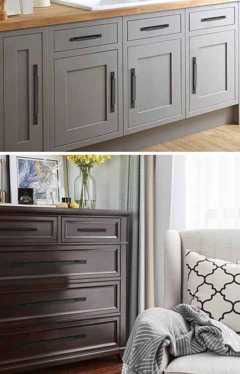 Black Cabinet Pulls 5 Pack For Drawers And Dressers Long Cabinet Hardware 3.78 Inch Center To Center And 6.3 Inch Length on kitchen cabinets and dresser