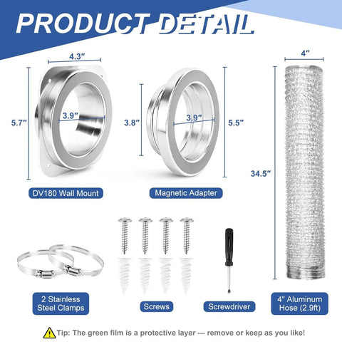 Magnetic Dryer Vent Coupling With Quick Snap On Connection Self Aligning Magnets Airtight Seal And Easy Cleaning Includes 2.9ft 4 Inch Duct And 2 Clamps For Fast No Fuss Installation, showing components and dimensions.