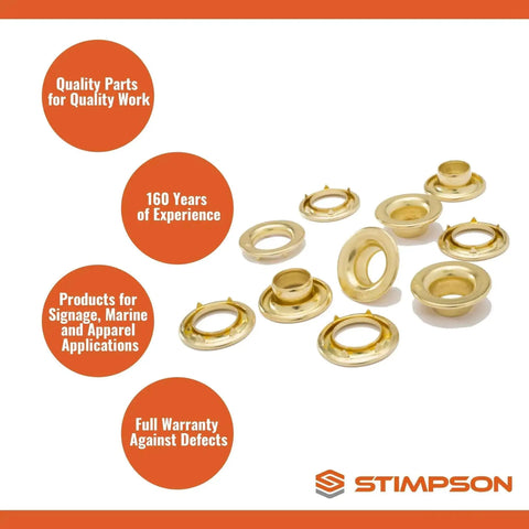 Gold grommets and washers with text highlighting quality and various applications, showing brand Stimpson.