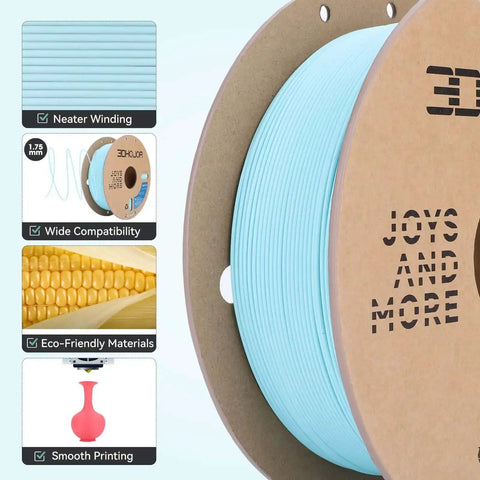 Matte PLA Filament 1.75mm Light Blue 1kg Spool Fits Most FDM 3D Printers With Dope Matte Finish, highlighting features and eco-friendly materials