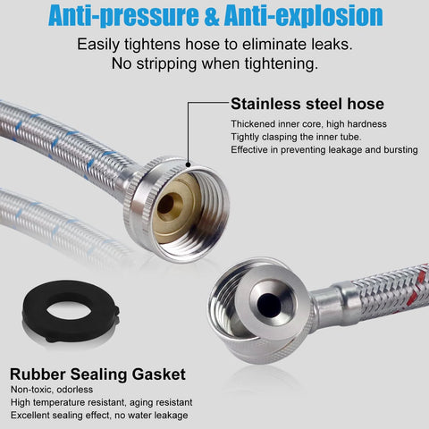 2-pack 4ft stainless steel washer hoses with 90-degree elbow, no-lead burst-proof 3/4 in NPT connections and rubber gasket