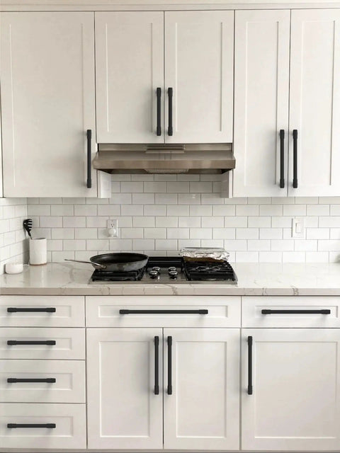 10 Pack Matte Black Cabinet Pulls 5 Inch 128mm Long Life Kitchen Cabinet Handles installed on white cabinets in kitchen