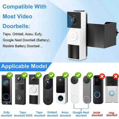 Image showing Anti Theft Doorbell Mount No Drill Universal Video Doorbell Bracket with multiple compatible models including Tapo and Eufy.