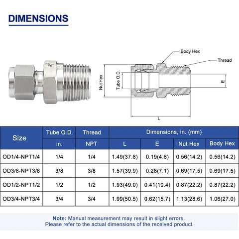 Dimensions compression tube fitting, stainless steel, 1/2 in NPT male straight adapter, side view with hex nut
