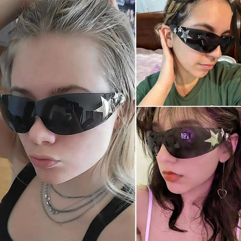 Rimless Y2K Sunglasses With Star Wrap Design UV400 Protection Lightweight PC Frames And Reinforced Hinges in Black and Pink