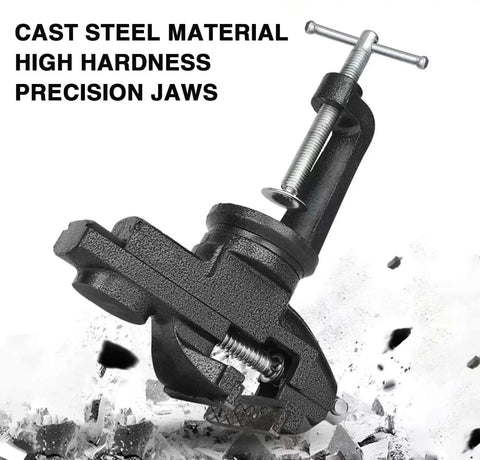 Versatile 3 Inch Universal Table Vise Clamp On Portable Bench Clamp With 360 Degree Swivel Base For Woodworking Metalworking And DIY Projects Ideal For Hand Craft Projects And Metal Fabrication Tasks In The Workshop And On The Job Site in cast steel with precision jaws.
