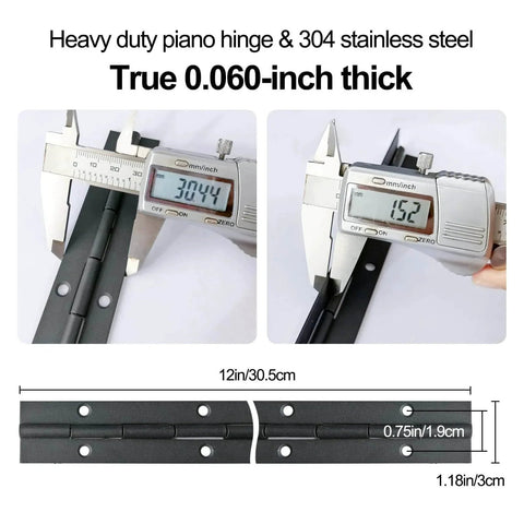 Two Pack 12 Inch Piano Hinges In Stainless Steel Black Heavy Duty dimensions shown with calipers, ideal for doors and cabinets