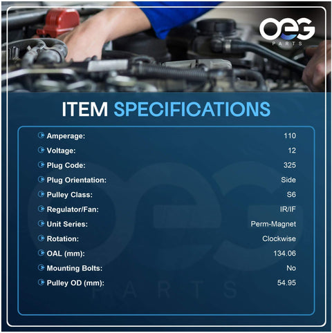 110 Amp 12V Alternator Replacement For Subaru Impreza 2.0L H4 2012-2014 And XV Crosstrek 2.0L 2013-2014 specifications chart