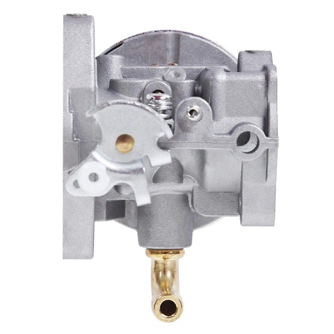 Carburetor, metallic gray aluminum body with brass fuel inlet, front view
