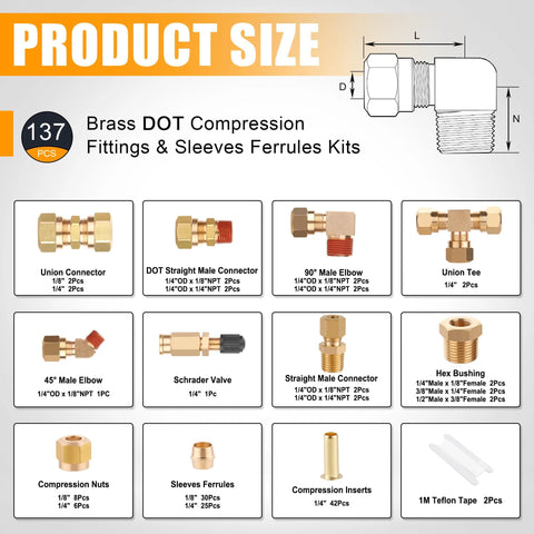 Brass DOT air brake fittings kit, 137 pcs, includes unions, tees, elbows, straight connectors, nuts and sleeves.