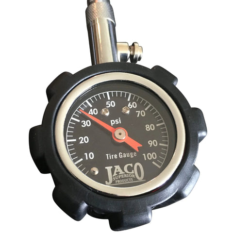 JACO Deluxe Tire Pressure Gauge, analog 0–100 psi, black bezel with metal nozzle