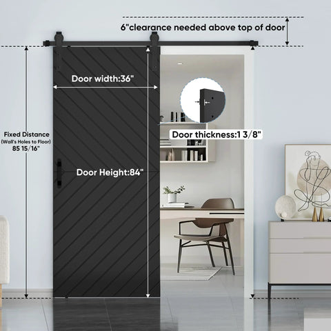 36-Inch By 84-Inch Sliding Barn Door With Modern Style, 6-Foot Hardware Kit Included, shown installed in living space