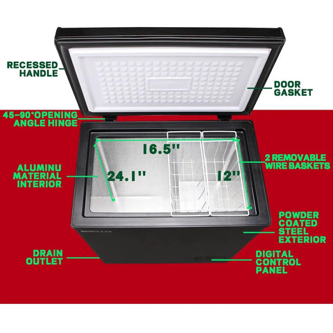 Overhead view of 3.5 Cu Ft Chest Freezer with Temperature Display and Removable Basket, showing open lid and internal compartments.