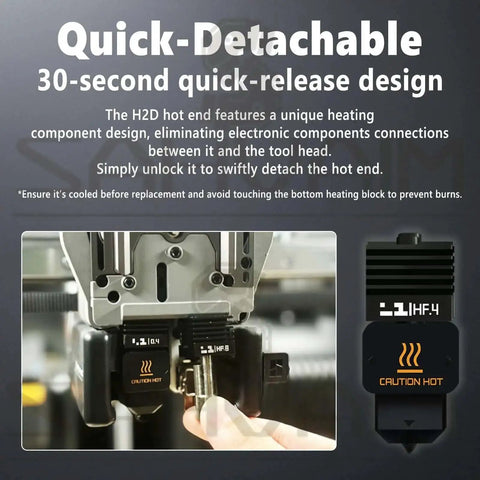 Close-up of quick-detachable feature on All Metal Hotends For H2D H2S H2C P2S with caution hot label for 3D printers.