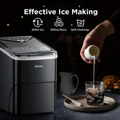 Countertop Ice Maker 9 Bullet Ice Cubes In 6 Minutes Self Cleaning With Scoop next to iced drink being poured