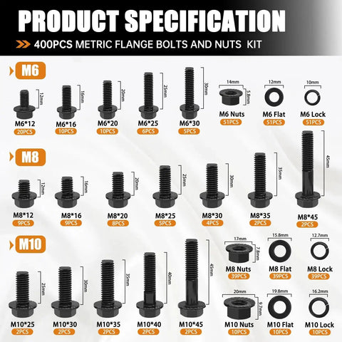 Diagram showing Beefy Automotive Flange Bolts And Nuts Kit 10.9 Grade Alloy Steel with sizes M6 to M10 and black finish.