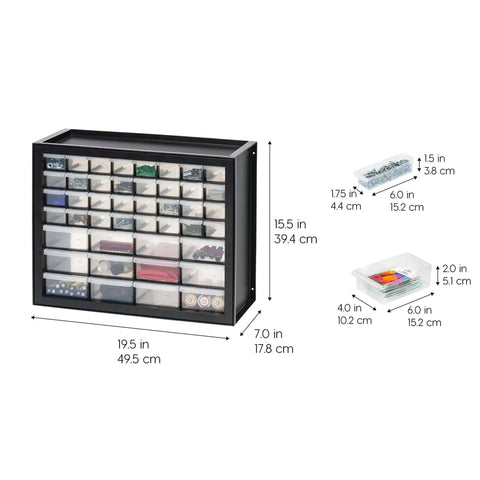 Small Parts Storage Cabinet With 44 Drawer Organizer For Screws Nuts Bolts Electronics Hardware Beads Crafts And More, Built Tough Made In USA Stackable Black Boss Grade with measurement details
