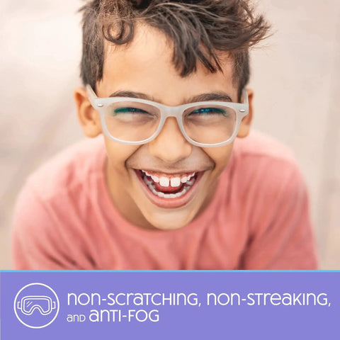 Smiling child wearing glasses with SmudgeGuard Lens Wipes 100 Count For Glasses Cameras Non Scratching text overlay.