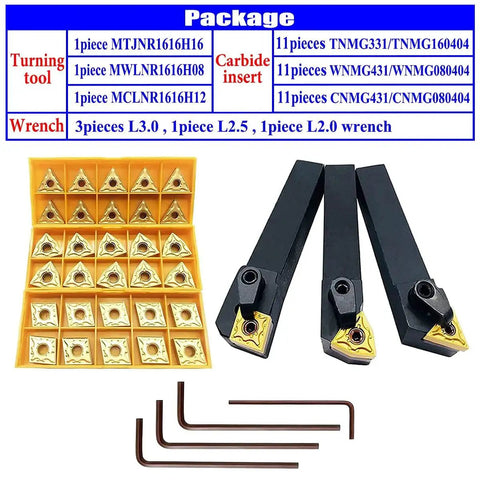 36 Piece Five Eighth Inch Indexable Carbide Lathe Turning Tool Holder Set With MTJNR1616H16 MWLNR1616H08 MCLNR1616H12 And CNMG 431 WNMG 431 TNMG 331 Insert Blades For Pro Grade Metalworking displayed with inserts and wrenches